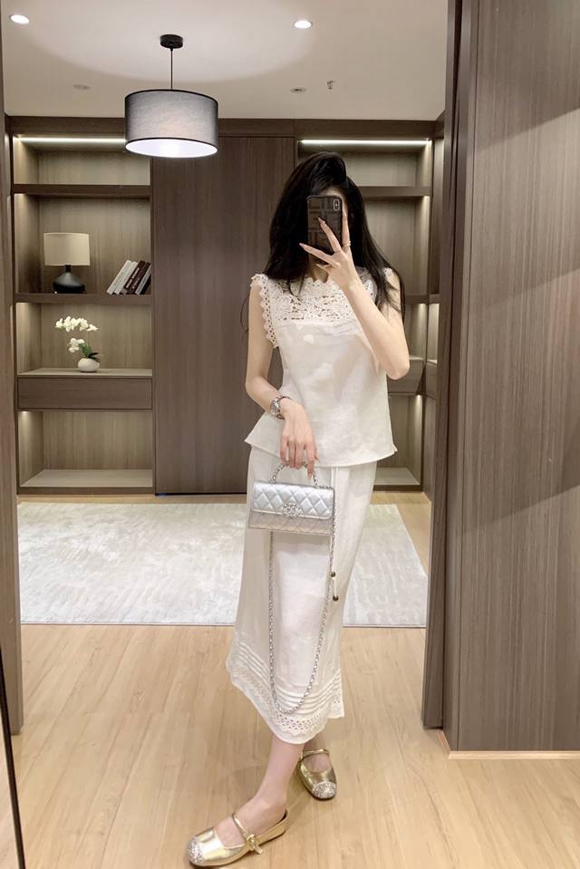 Suit New High-End Quality French Niche 100 Linen Hollow Lace Splicing Suit Smlxl