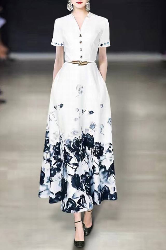 Dress Hot Sale Chinese Style Ink Painting Elegant Short-Sleeved Dress With Belt
