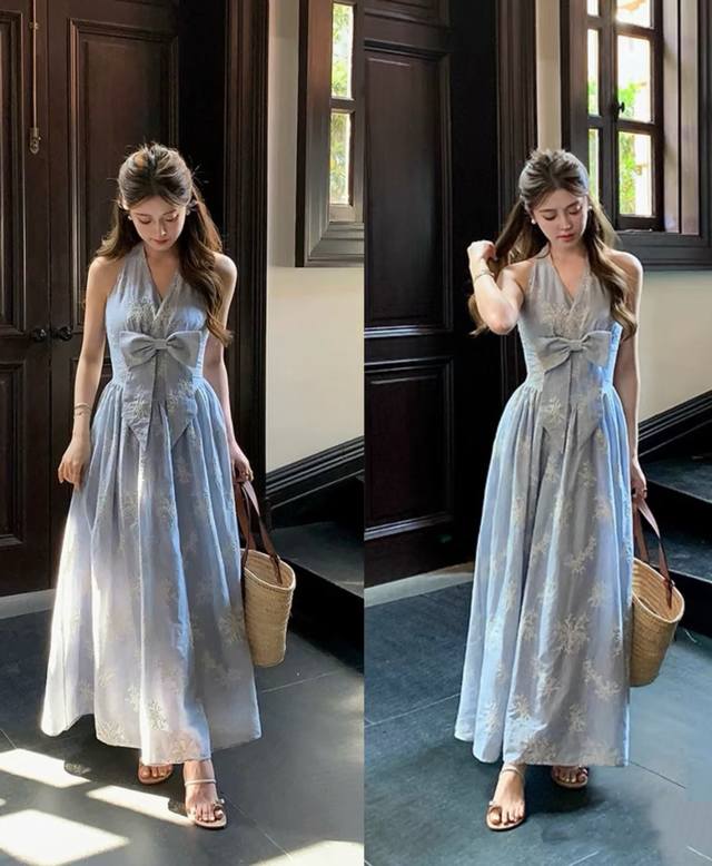 Dress Beautiful French Holiday Style V-Neck Cotton Embroidery Blue Off-Shoulder