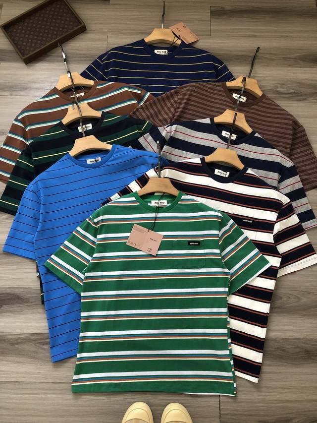 Miu Miu eight-color striped pocket logo letter logo men's and women's round neck