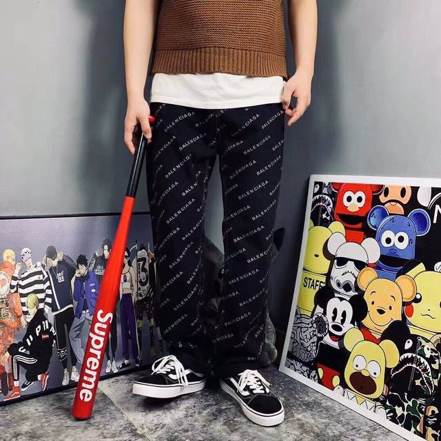 Balenciaga full print washed denim trousers for men and women, unisex style The