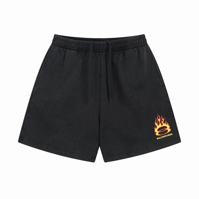Balenciaga 2025 Ss new double ring flame Logo tear print washed distressed short