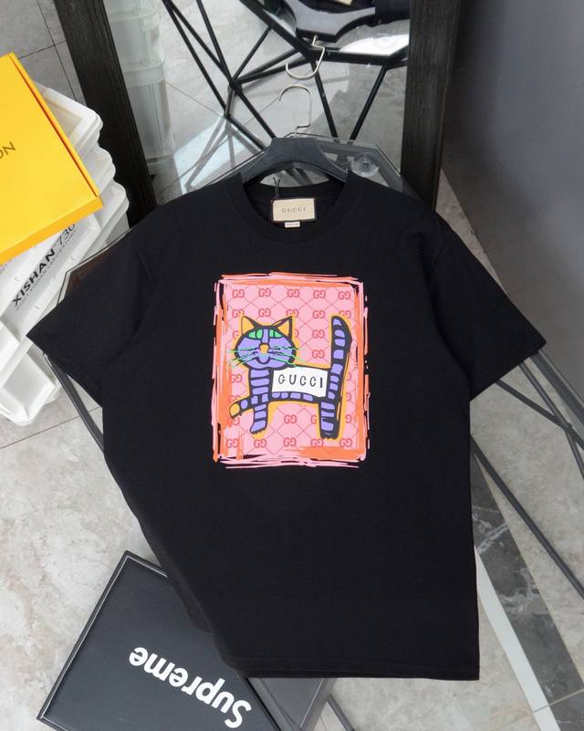 Gucci art graffiti cat catwalk print round neck short-sleeved T-shirt Style numb