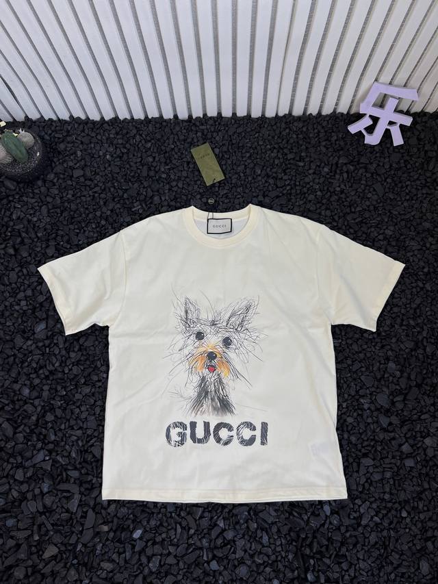 Gucci solid color scribbled puppy pattern logo print round neck loose casual sho
