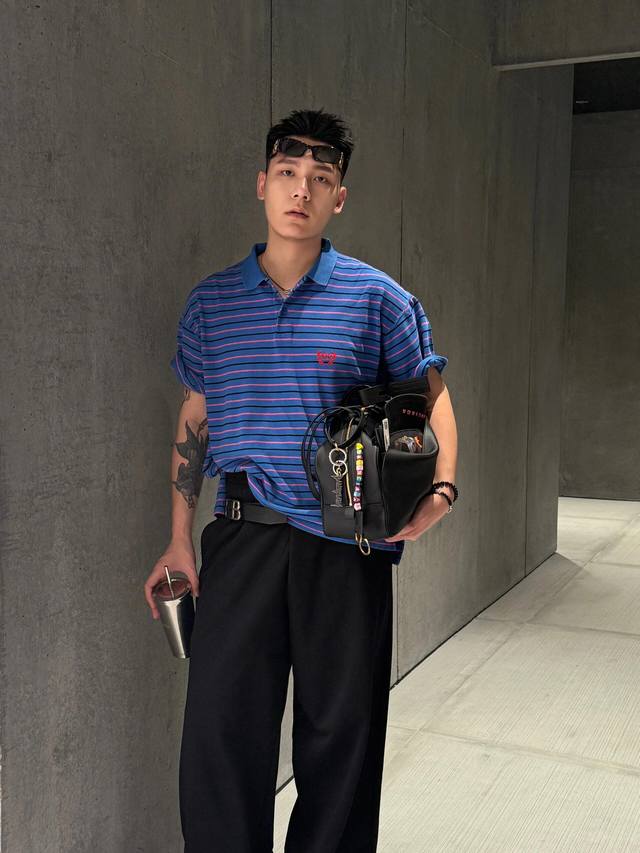 Balenciaga 25Ss Balenciaga Double B wheat ear embroidery striped Polo Original d