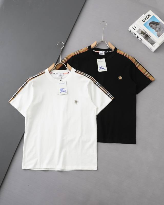 High quality Burberry shoulder plaid stitching Tb metal badge T-shirt 25Ss new s