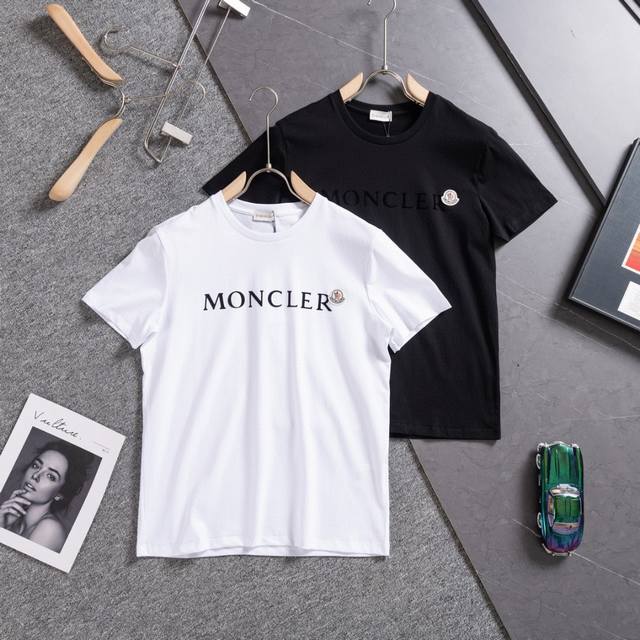 25 new Moncler men's flocked letter logo round neck pure cotton couple short-sle