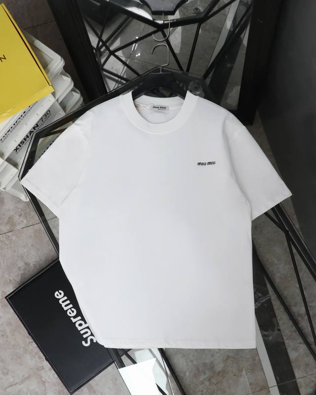 for Top version Miumiu basic embroidered short sleeves 2025 new short sleeves ar