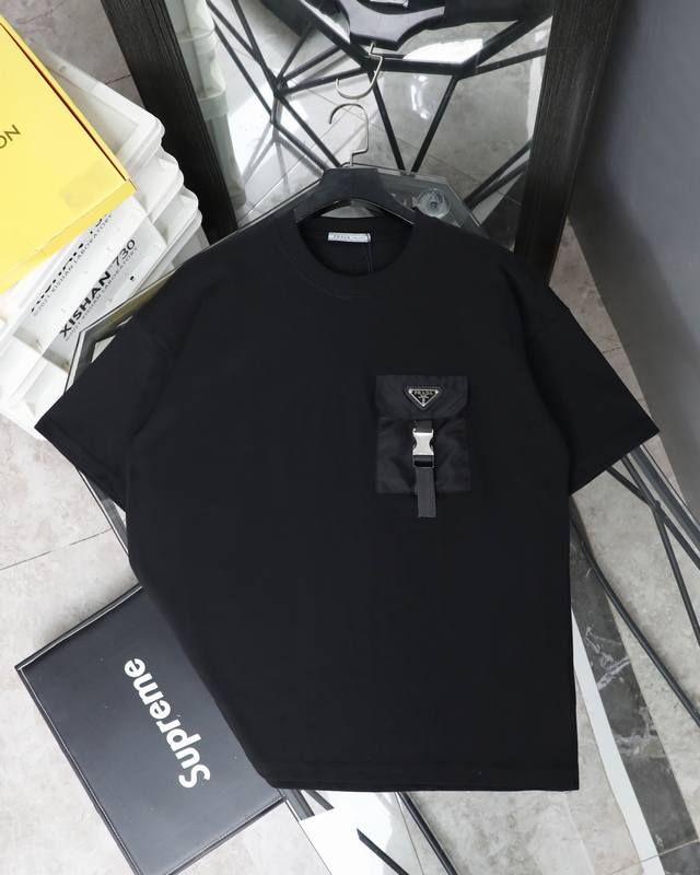 for Parda Prada 2025 new pocket functional casual round neck short-sleeved T-shi