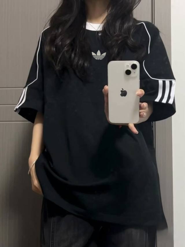 New Adidas Trefoil Three-Bar Raglan Contrast Color Splicing Ins Neckline Ribbed