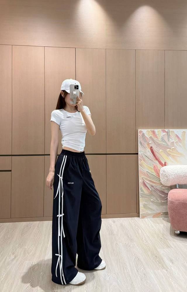 Miumiu Miu Miu letter print contrast color ribbon bow elastic waist casual pants