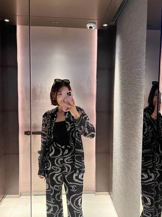 suit shirt pants Chanel Chanel Beach Series full print see-through shirt casual