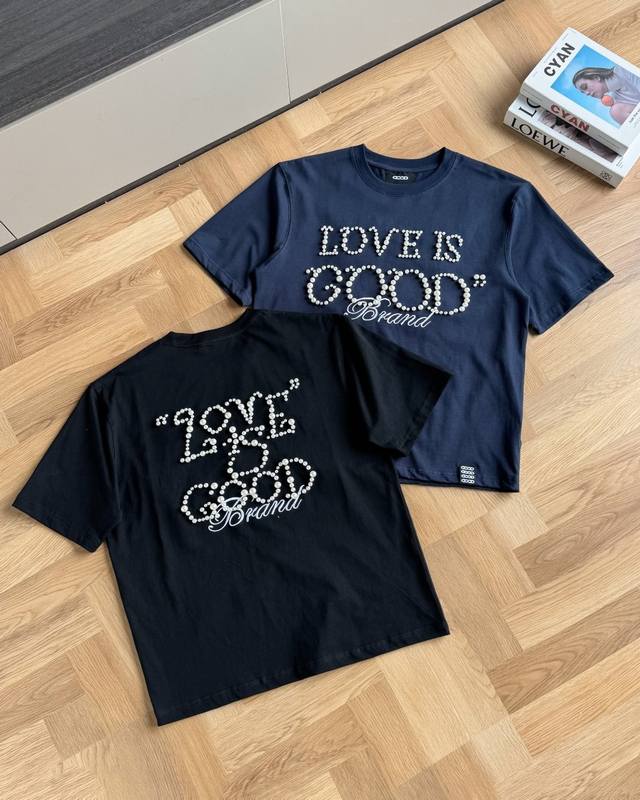 Goodbrand popular pearl slogan letter couple round neck short-sleeved T-shirt -