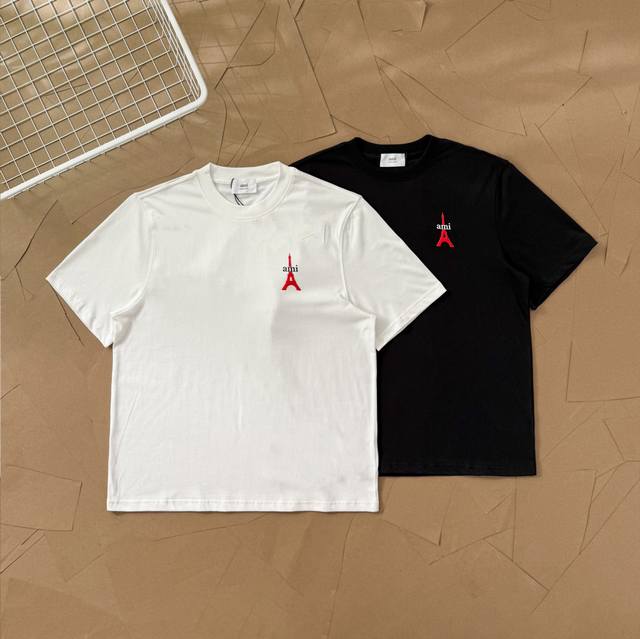 Ami 25Ss Eiffel Tower heart front print back embroidery short sleeve T-shirt 106