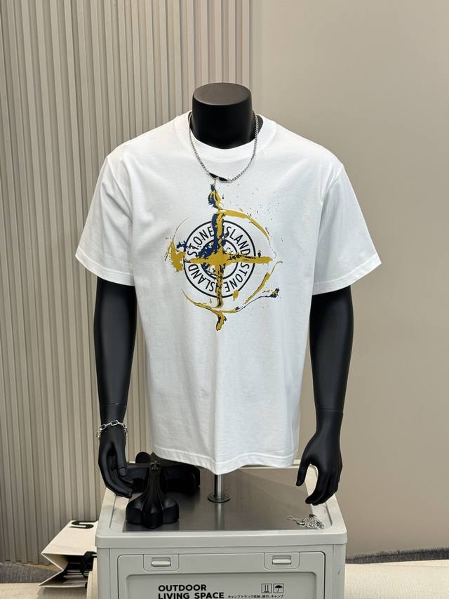 Stone Island 25Ss couple short-sleeved T-shirt with ink splash on the chest and