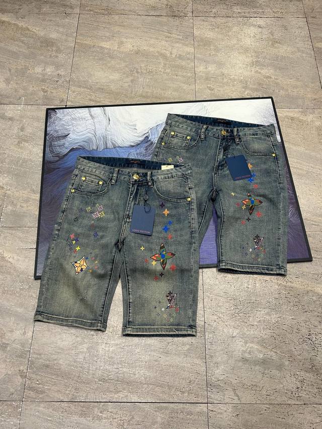 Louis Vuitton Lv 25Ss Heavy Print Small Logo Washed Distressed Denim Shorts Half
