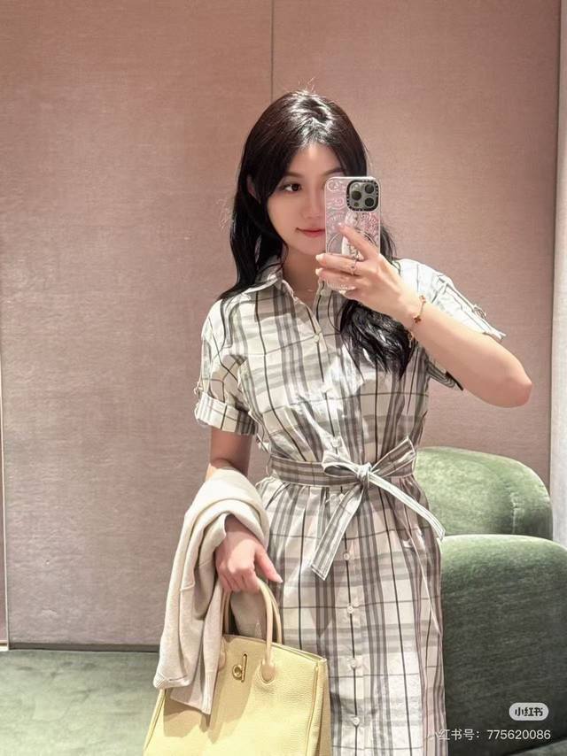 New arrival Bur* Burberry 25Ss plaid lapel short-sleeved shirt dress with warhor