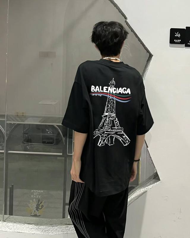 Balenciaga Eiffel Tower round neck short-sleeved half-sleeved T-shirt The fabric