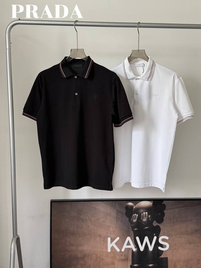 Prada 25Ss Spring and Summer Solid Color Striped Short-sleeved Polo Shirt Low-ke