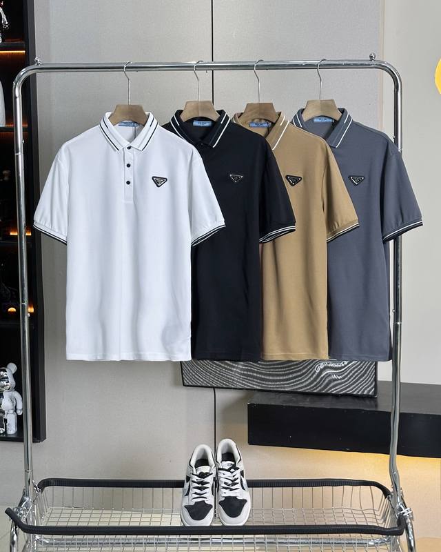 Prada 25Ss new summer style classic metal triangle logo small logo lapel Polo sh