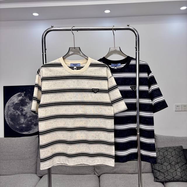 Prada tie-dyed high-quality striped short-sleeved T-shirt Made of 64-count doubl