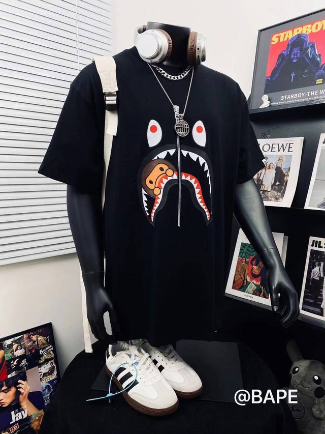 Bape Summer Camp shark half zipper ape head heavy craft print round neck short s