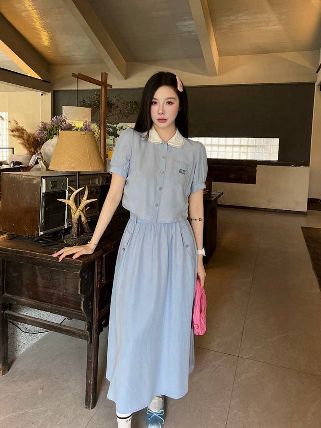 Miumiu Miu Miu pocket letter embroidery custom button stitching lapel short-slee