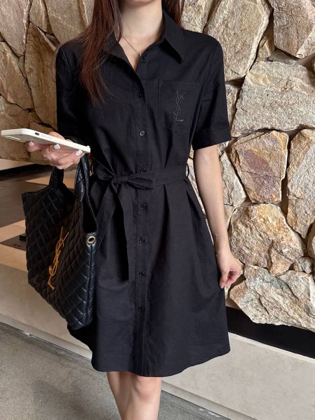 Ysl Saint Laurent pocket letter logo embroidery lapel short sleeve dress with be