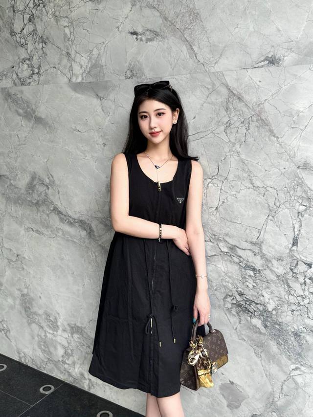 Prada custom letter triangle logo custom zipper drawstring waist sleeveless dres
