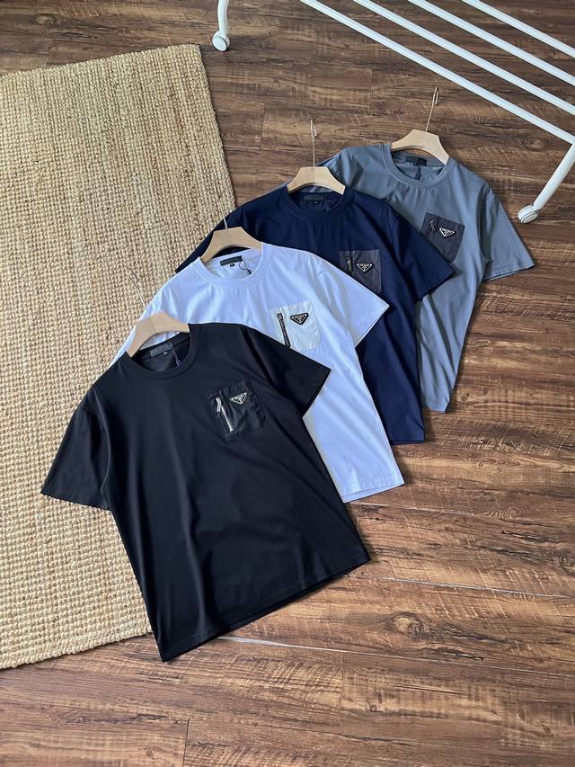 Prada casual round neck T-shirt with chest pocket, high-quality encrypted combed