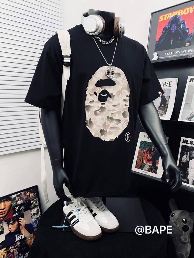 Bape Summer Camp camouflage ape head heavy craft printing round neck short sleev