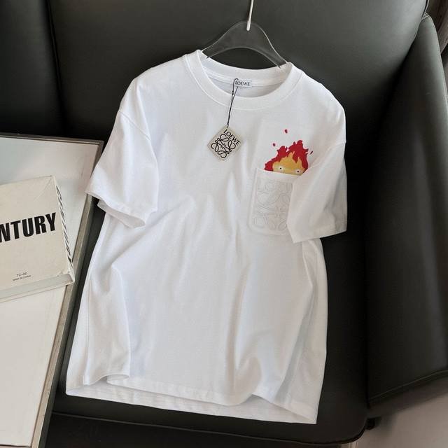 Loewe 2025Ss new flame embroidery pocket couple casual short-sleeved T-shirt The