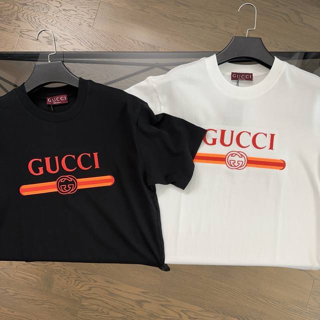 Gucci 2025 summer new embroidered letter logo red stripe short-sleeved T-shirt T
