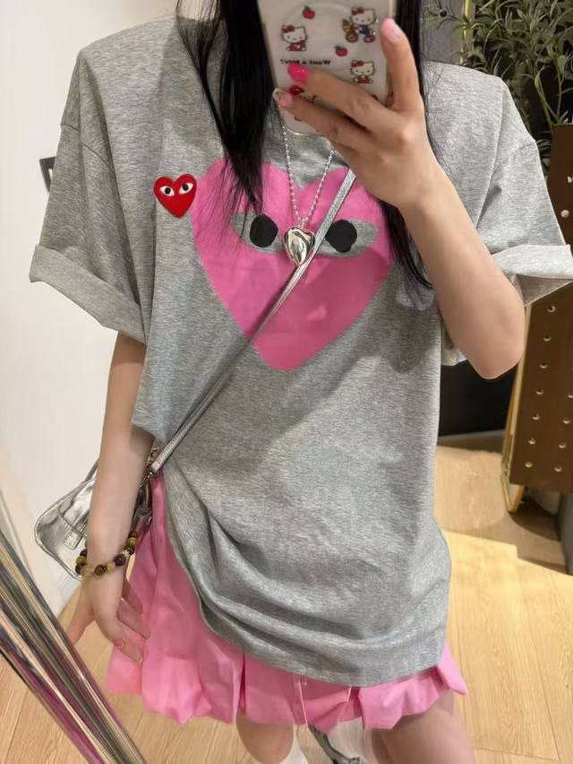 Play Kawakubo Rei Cdg pink heart graffiti high-grade gray short-sleeved shirt Gr