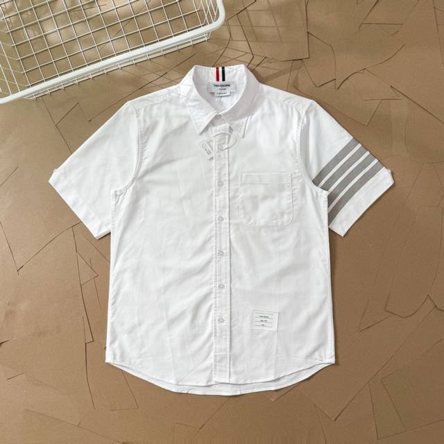 Tb sleeves gray striped Oxford short-sleeved shirt T90 Thom Browne. Tb sleeves g