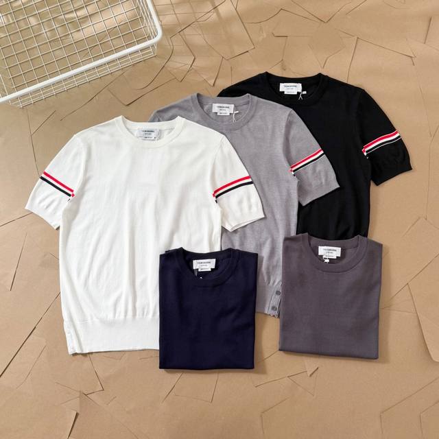 Tb ice silk wool double sleeve striped sweater round neck T-shirt half sleeve M2