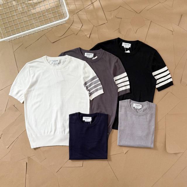 Tb ice silk wool sweater round neck T-shirt four-bar short sleeves M27 Thom Brow
