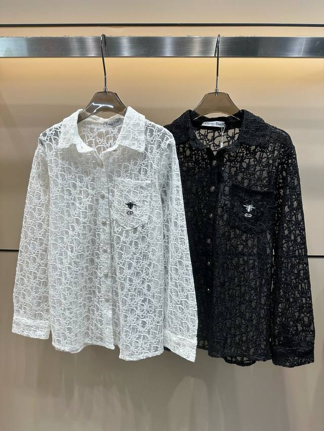 Dior pocket CD bee embroidery custom button old flower jacquard lace shirt Style