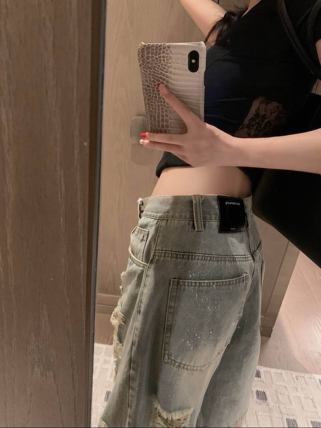 Alexanderwang Aw custom letter leather patch ripped paint dot washed denim short