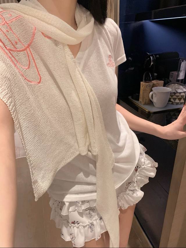 short-sleeved shawl Vivienne Westwood Queen Mother Saturn embroidered V-neck sho