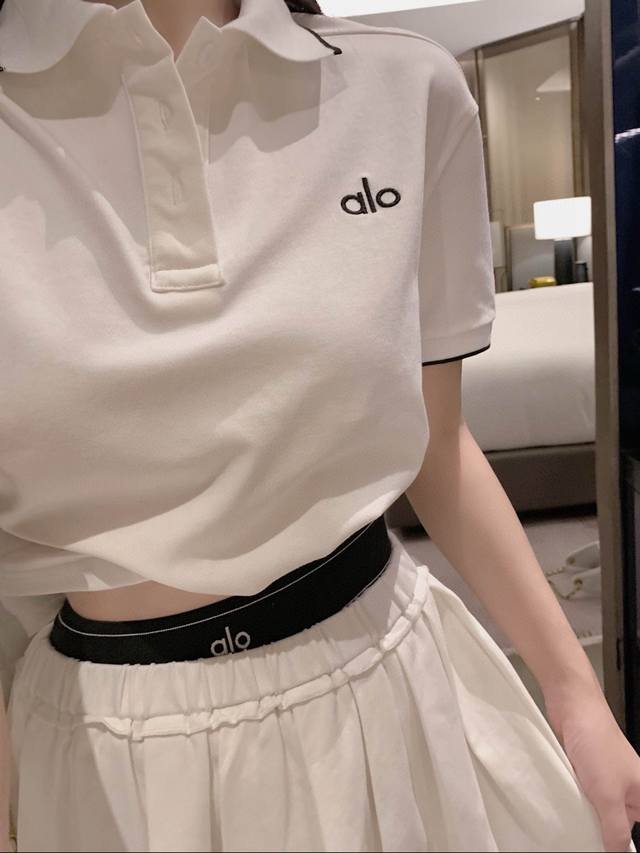 Alo letter embroidered Polo lapel short-sleeved top with custom webbing elastic
