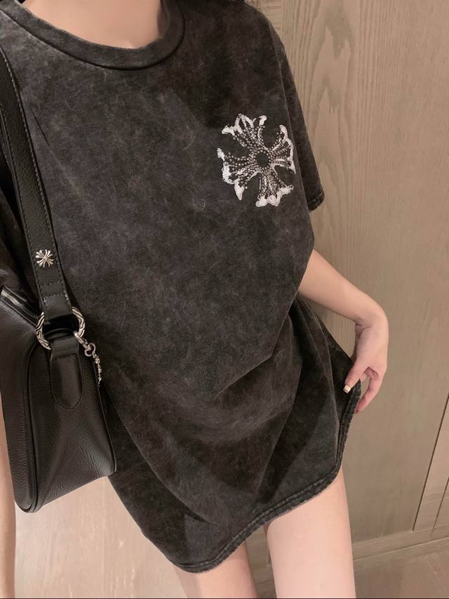 Chrome Hearts Ch front and back cross print rivet heavy washed round neck short