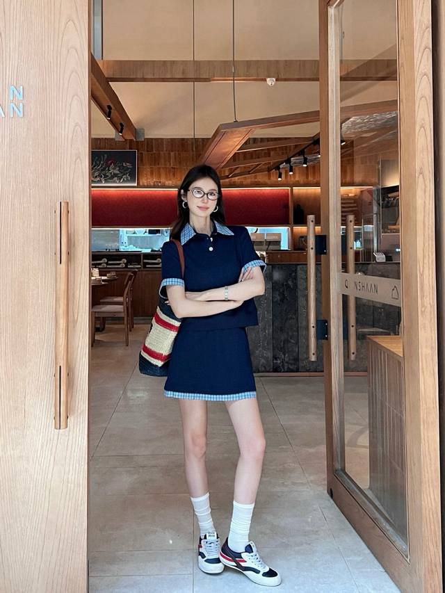 Miumiu Miu Miu alphabet patch embroidery patchwork plaid Polo lapel short-sleeve