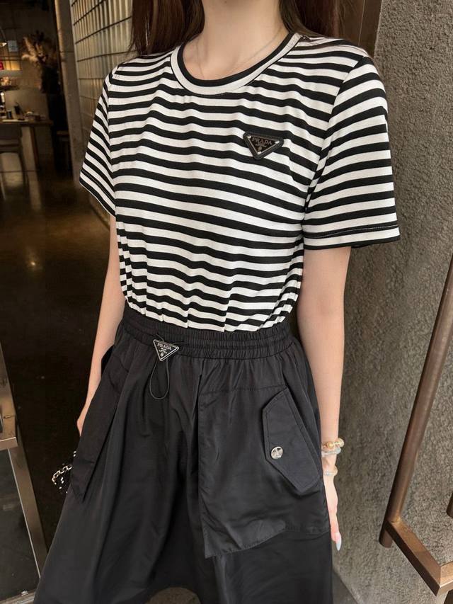 Prada custom letter triangle logo striped stitching round neck short sleeve dres