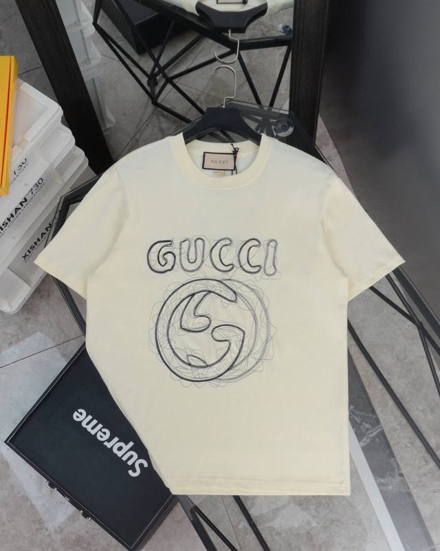 Top replica Gucci curve letter Logo double G embroidered round neck short-sleeve