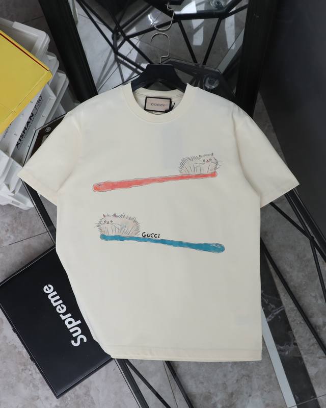 Gucci toothbrush kitten print round neck short-sleeved T-shirt Style number: 353