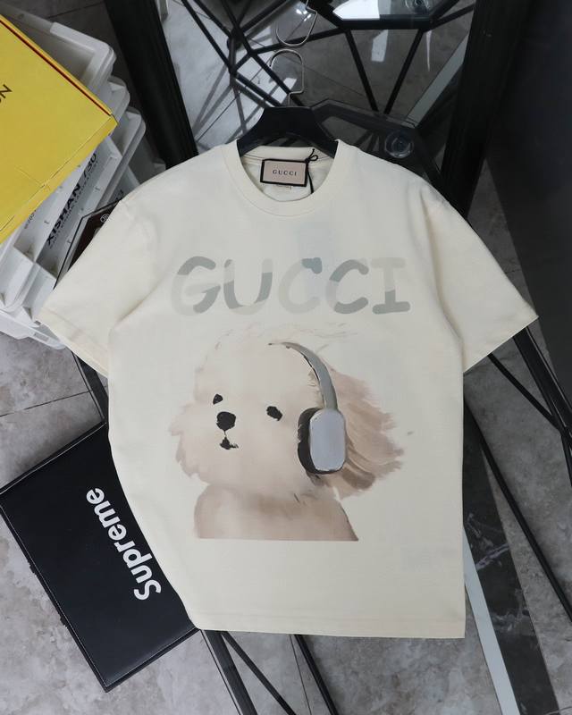 Gucci headphone puppy print round neck short-sleeved T-shirt Style number: 361 O