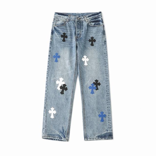 Chrome Hearts blue jeans, black, white, blue, multi-leather jeans Top version Ch