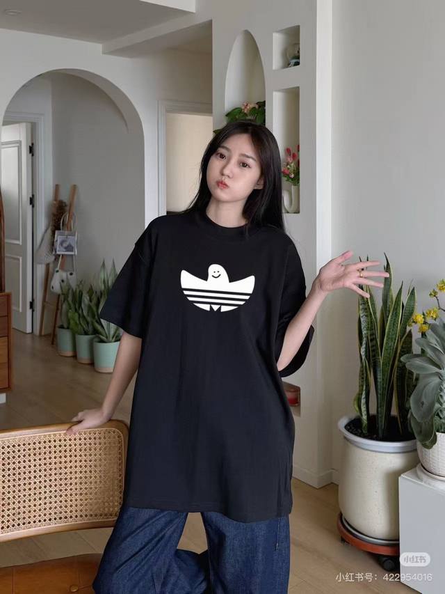 Adidas 25Ss Trefoil cartoon print short-sleeved high version heavy-duty short-sl