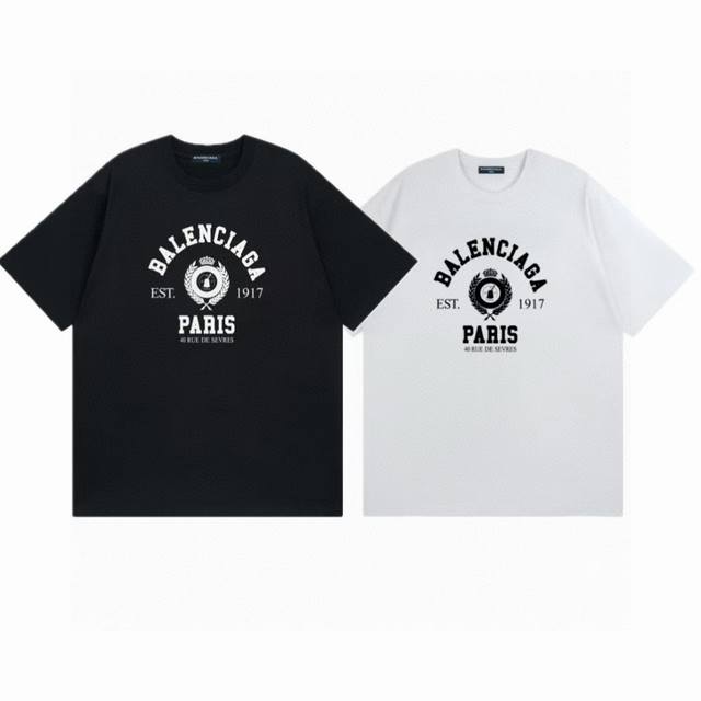 Balenciaga 25Ss Paris wheat crown print short-sleeved high version heavy-duty sh